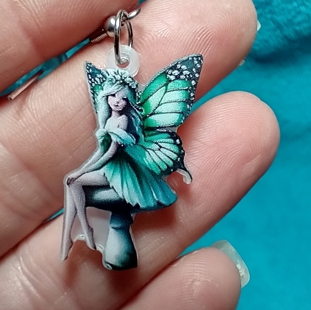 Fairy fae magical mushroom green wire earrings